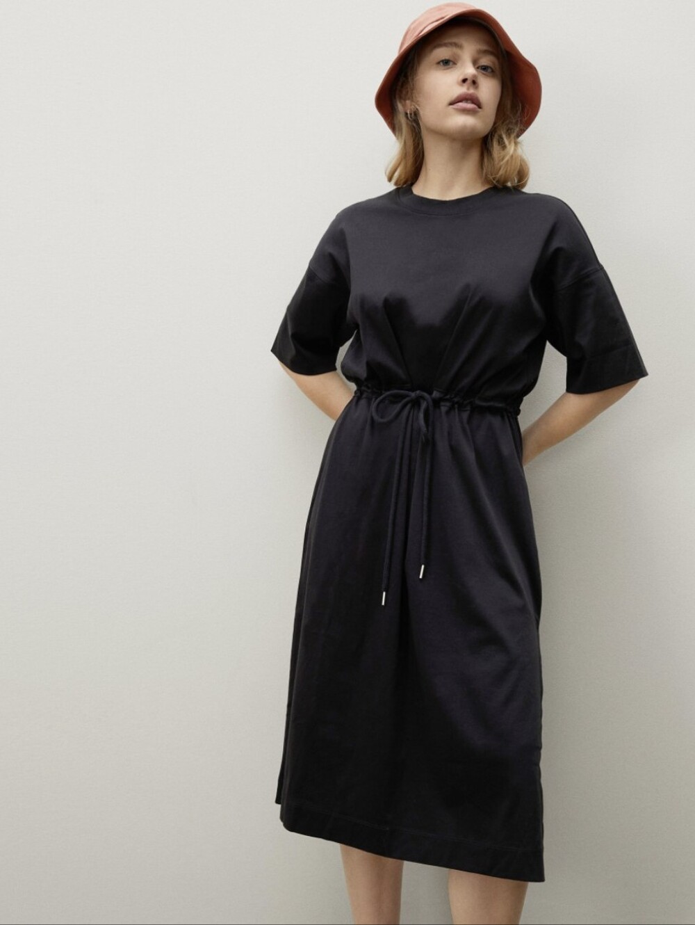 Everlane The Luxe Cotton Tie-Front Tee Midi Dress In Black Womens M NWOT